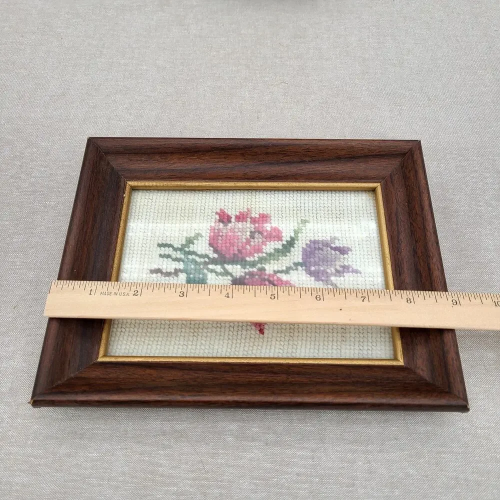 Cottagecore Gallery Wall Accent Piece: Framed Needlepoint Roses Pink Purple VTG